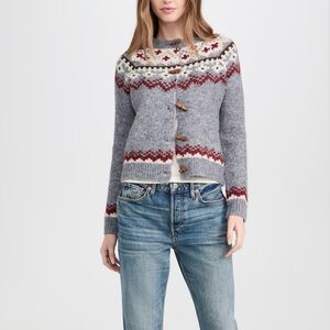 Line and Dot Brennan Gray + Red wooden toggle button fair isle cardigan.Size M